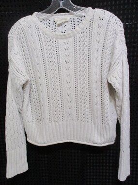 CocoVive White Loose Cable Knit Bulky Long Sleeve Pull Over Short Sweater Sz. S